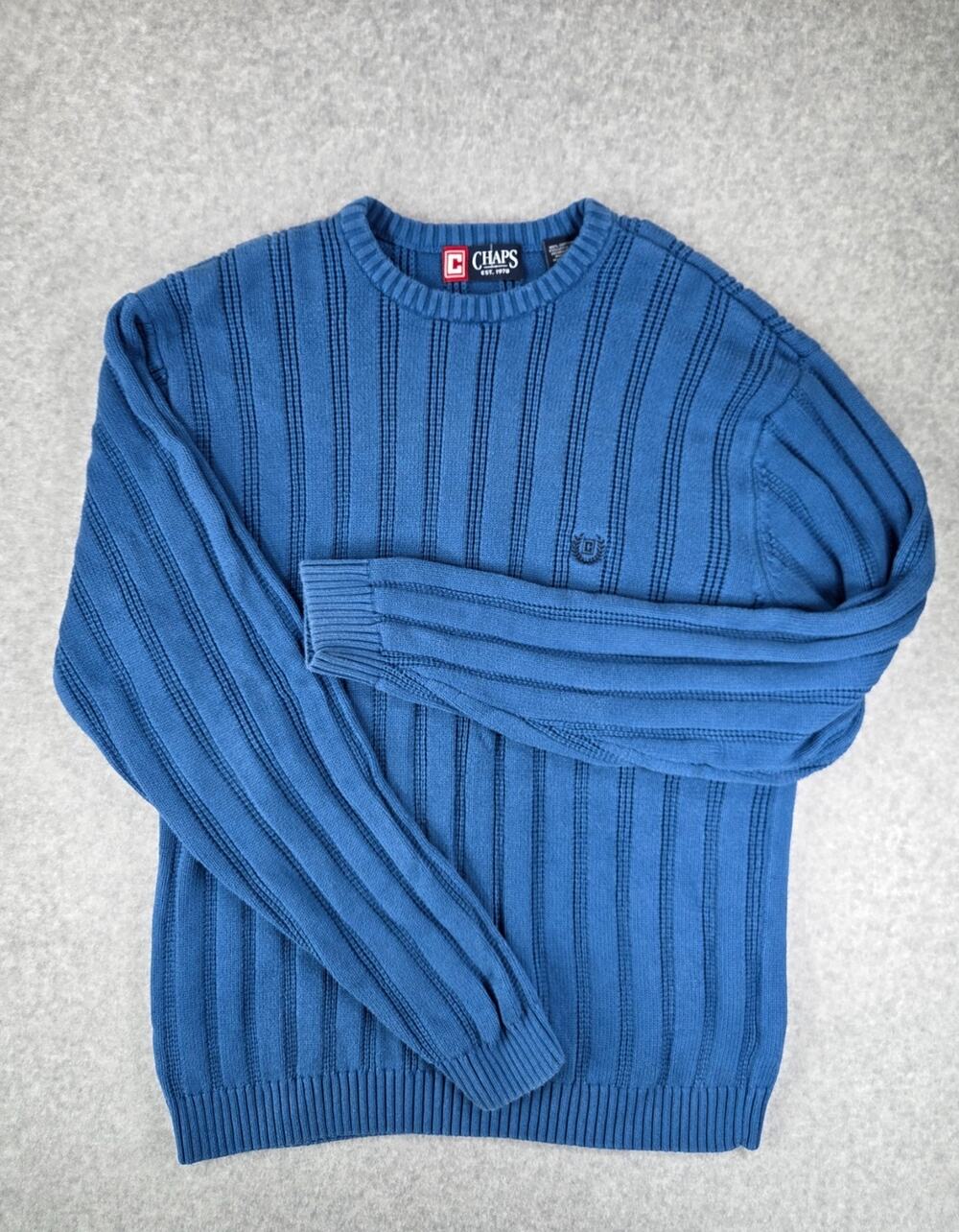 Vintage Chaps Blue Ribbed Crewneck Knit Sweater Pullover Men Large L 100% Cotton